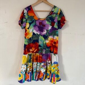Jams World Camilla Short Sleeve Tiered Dress Bold Floral Size Small Colorful